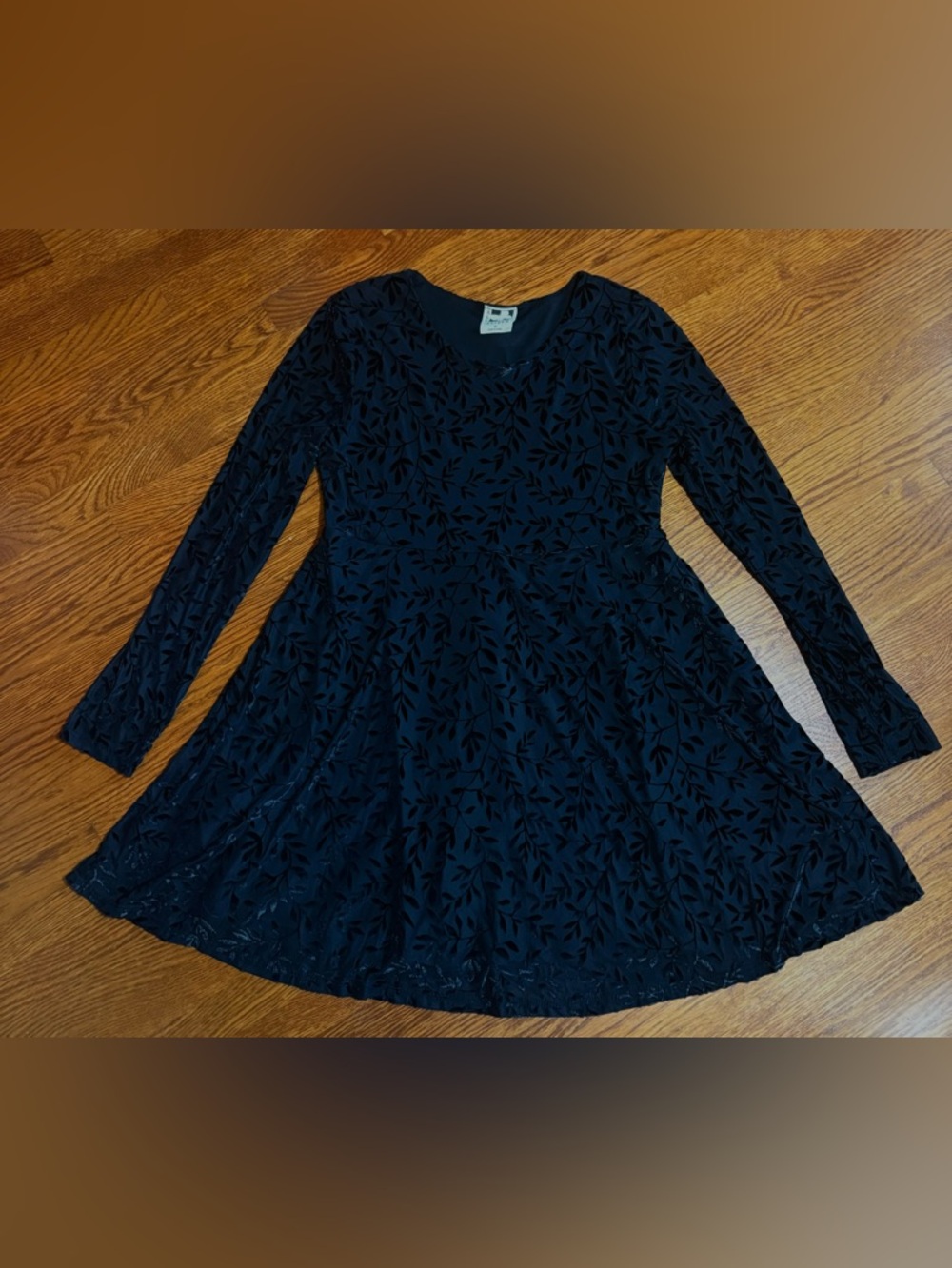 Girls Long Sleeve Black Velvet Burnout Skater Dress